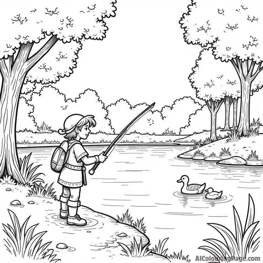 Link fishing by a serene pond with ducks swimming around, trees lining the water, and a peaceful atmosphere all around