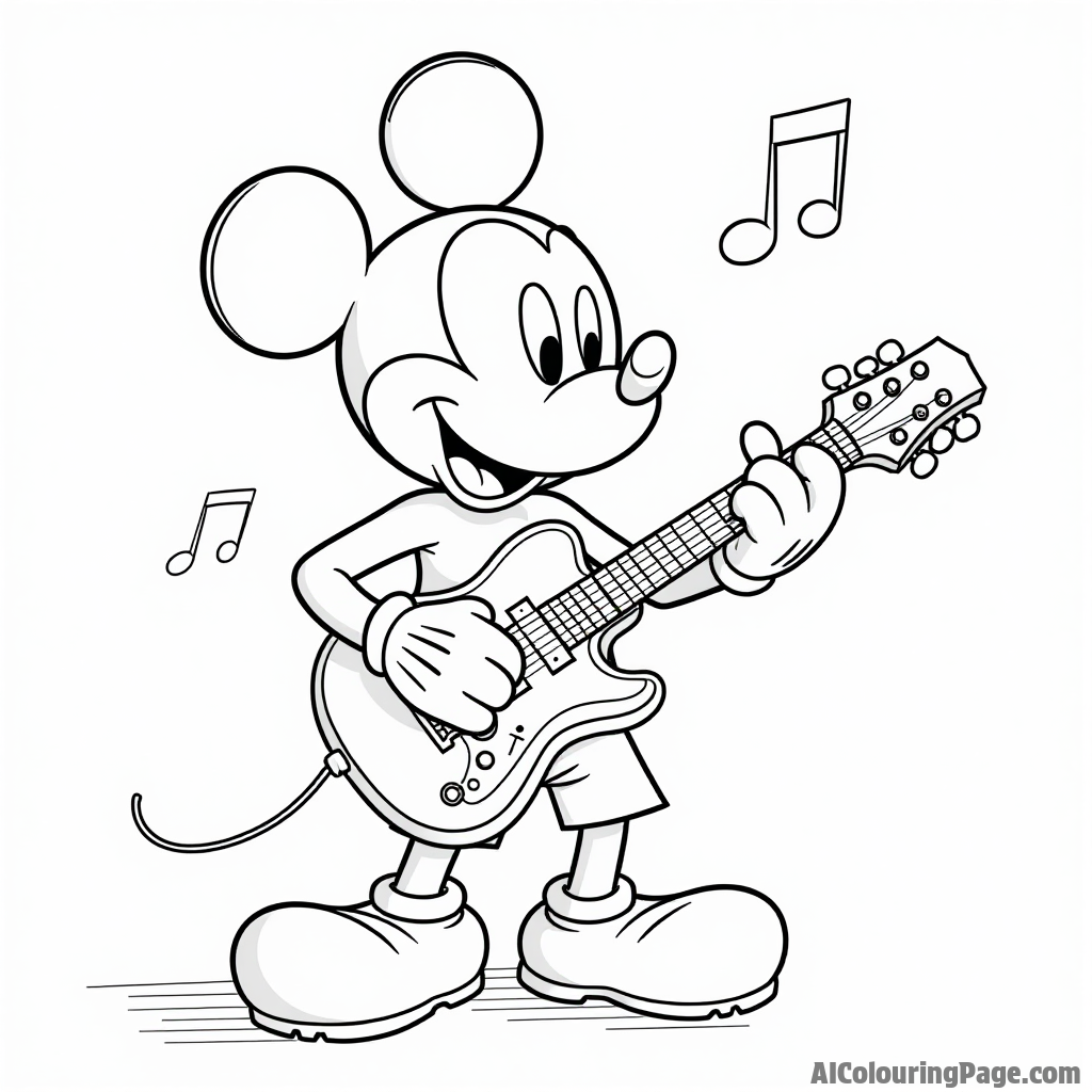 Mickey Mouse playing the guitar on stage, with a microphone and musical notes floating around.