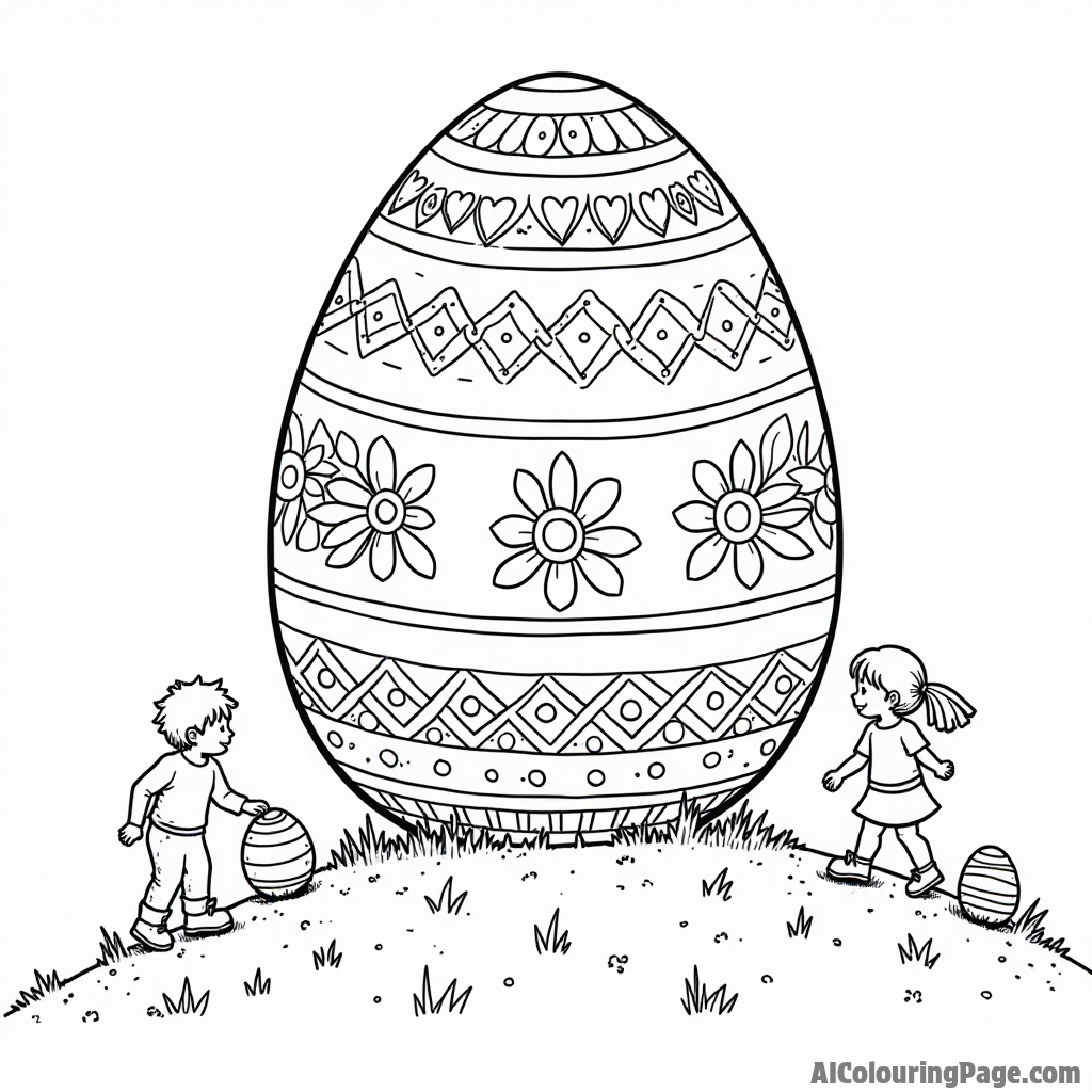 A giant Easter egg decorated with intricate patterns, resting on a hill with children rolling smaller eggs down.