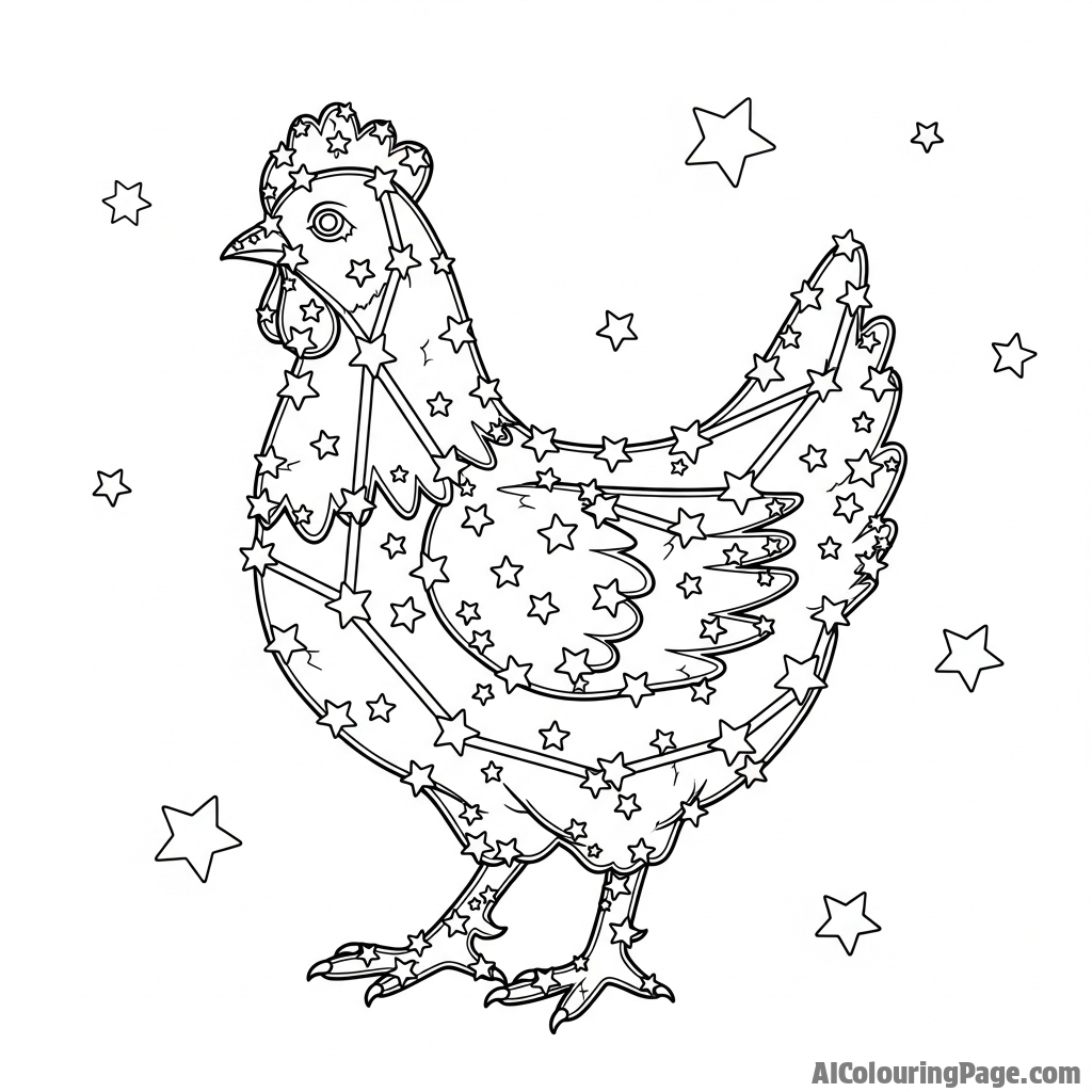 A chicken as a constellation of stars in the night sky.