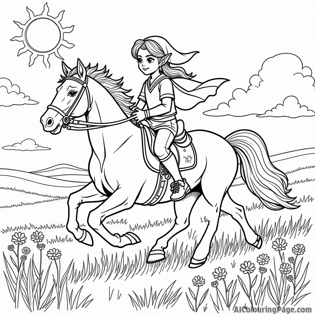 Link riding a galloping horse across a field of wildflowers with a bright sun and fluffy clouds in the sky