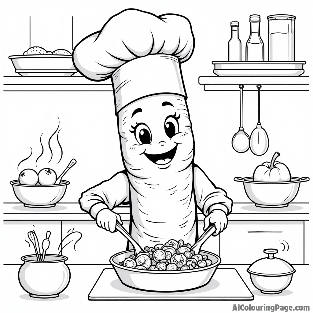 A playful carrot chef tossing vegetables in a frying pan, with a happy expression, in a kitchen filled with culinary tools.