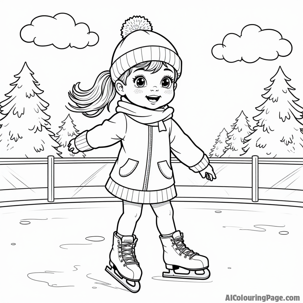 A little girl practicing ice skating moves, with a beautiful ice rink backdrop and fluffy clouds, encouraging young artists to add their favorite colors to this winter sports scene.