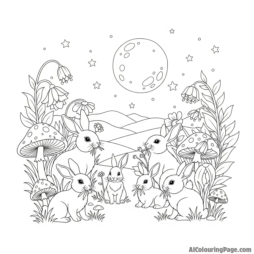 A group of rabbits grazing peacefully at twilight.