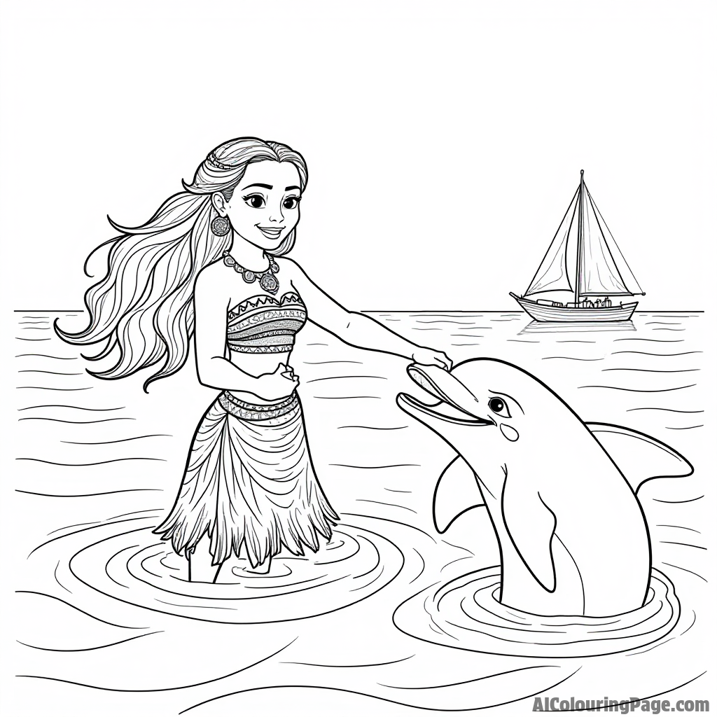 Moana interacting with a playful dolphin jumping out of the waves, with sailboats in the distance under a sunny sky.