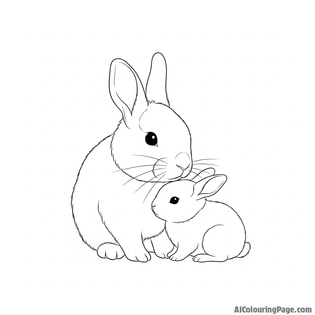 A tiny kit, a baby rabbit, nestled against its mother.