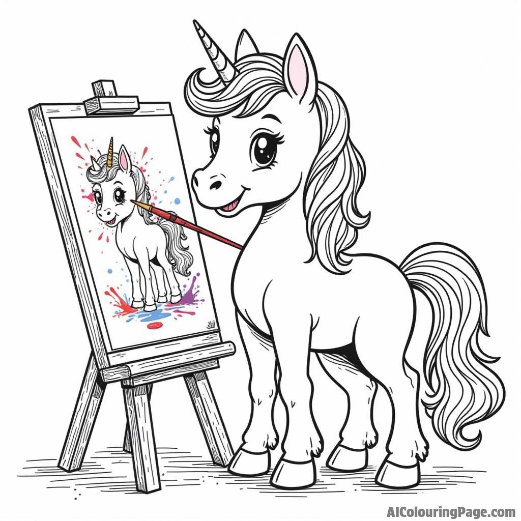 A pony painting a colorful picture on an easel with paintbrushes and splashes of paint around it.