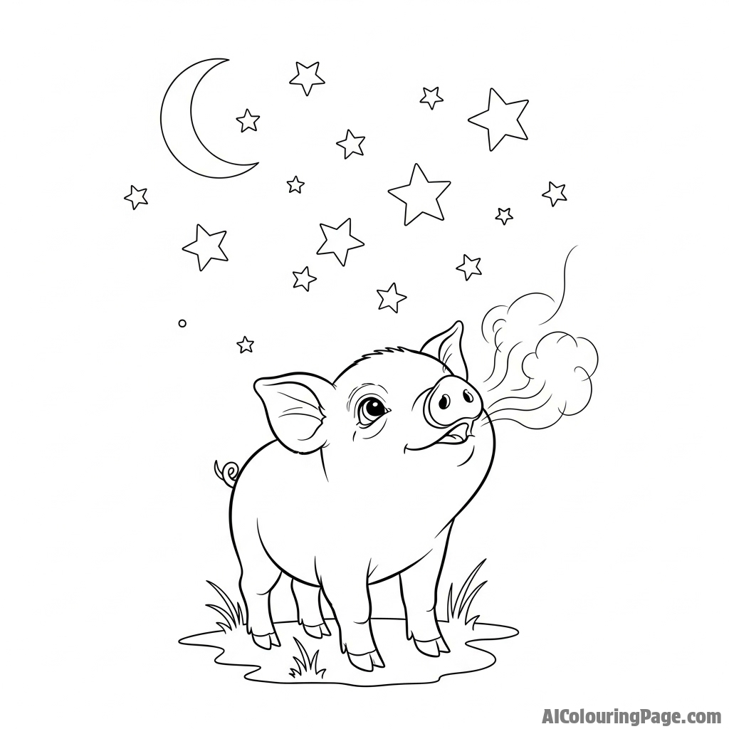A piglet looking up at the stars with a sense of wonder, its breath visible in the air.