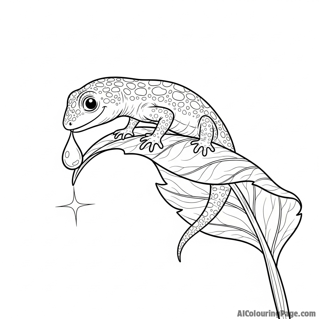 A lizard drinking a dewdrop from the tip of a leaf.