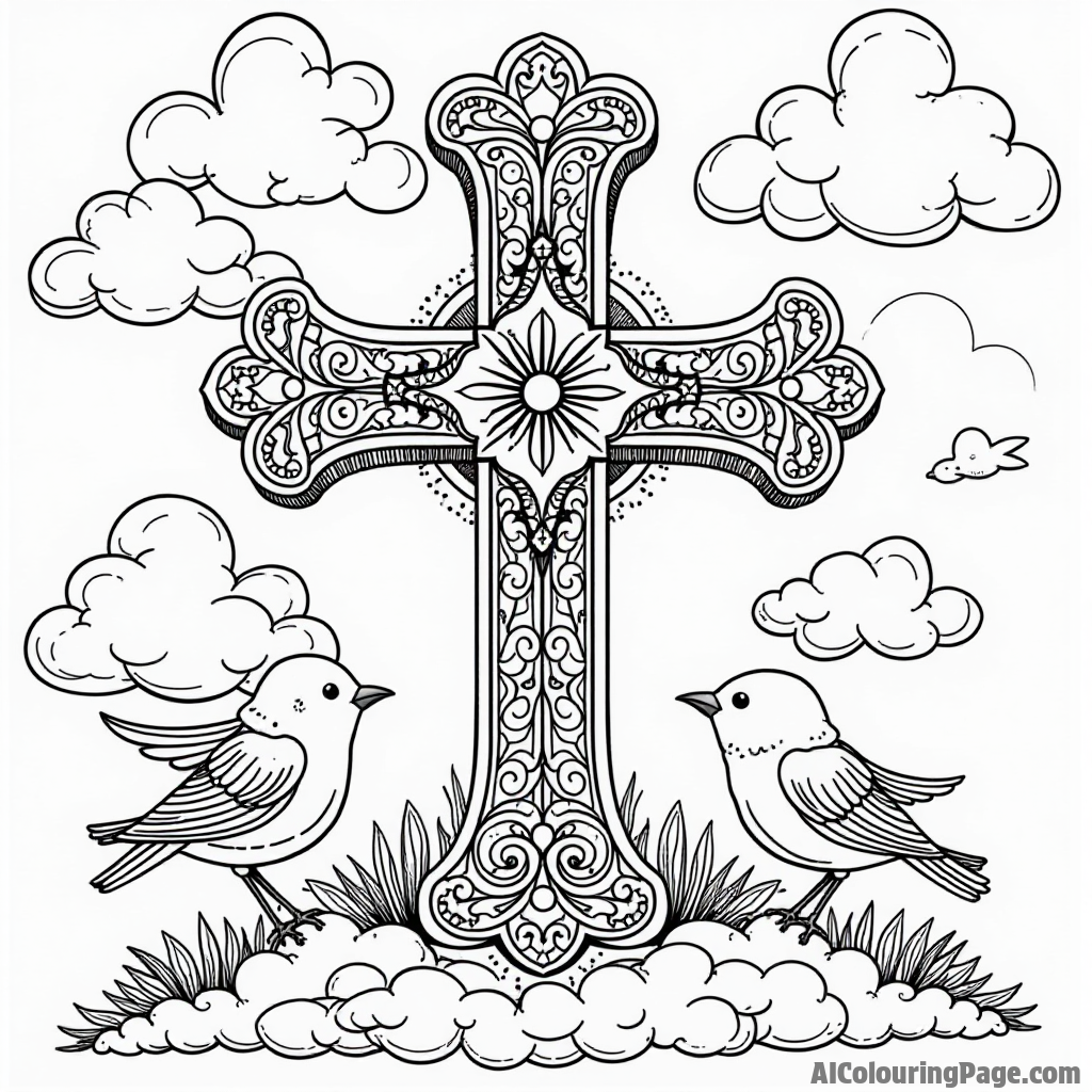 A cross with intricate patterns, surrounded by swirling clouds and playful birds, encouraging creativity and focus while coloring.