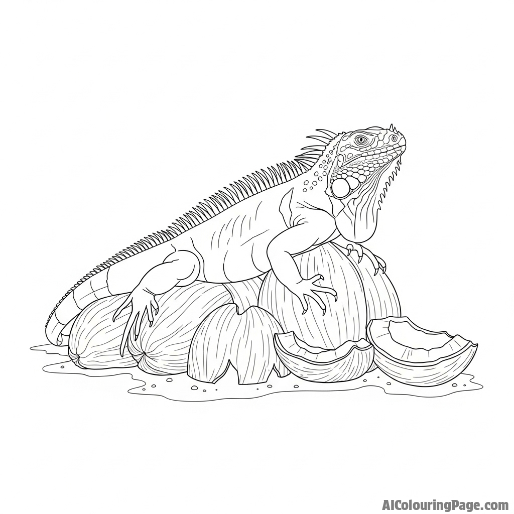 An iguana resting on a pile of discarded coconut husks on a tropical shore.