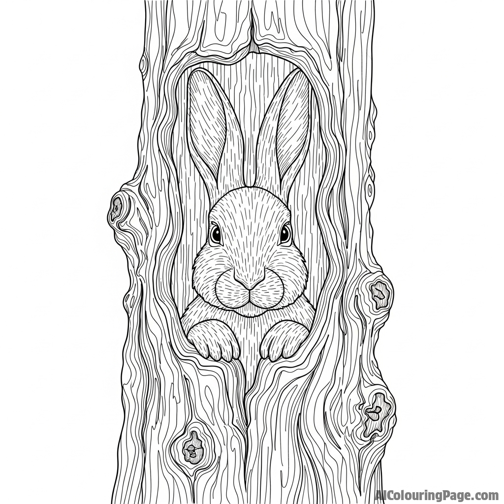 A rabbit carved into the face of a weathered, old tree.