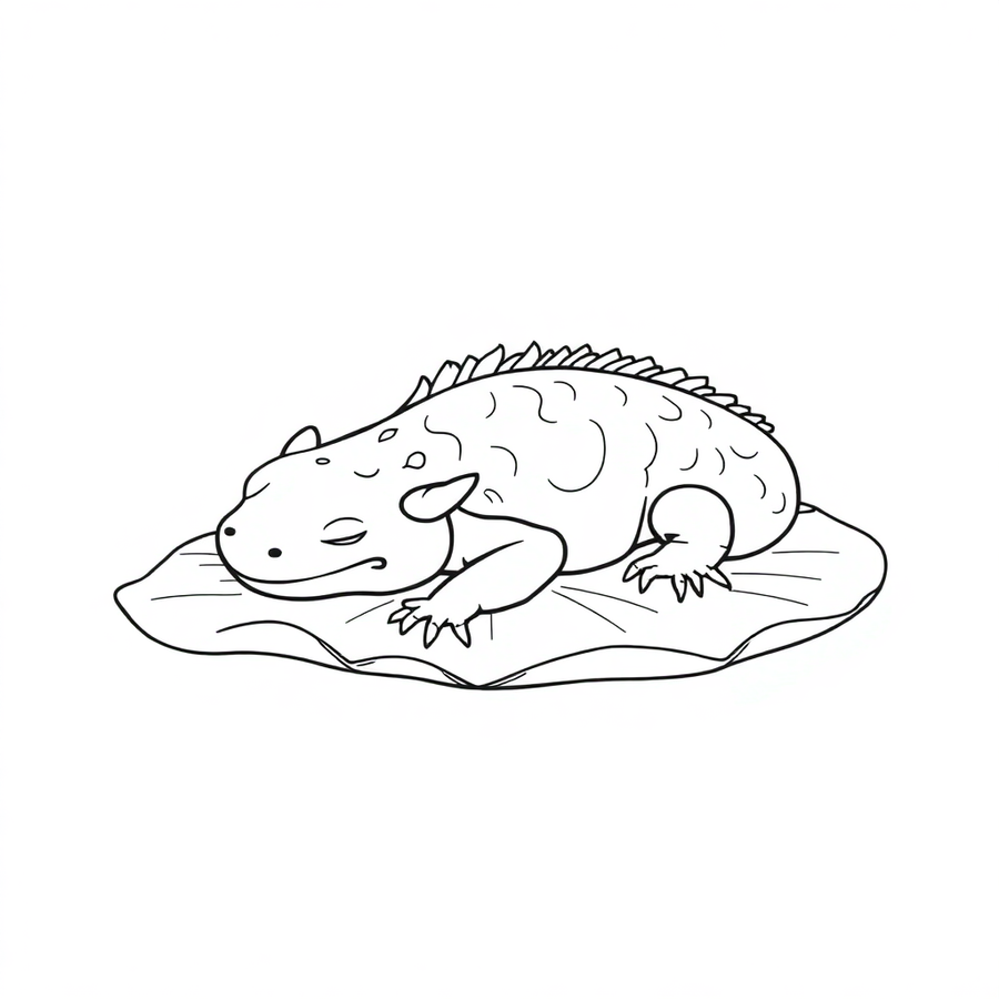 Axolotl sleeping on a lily pad