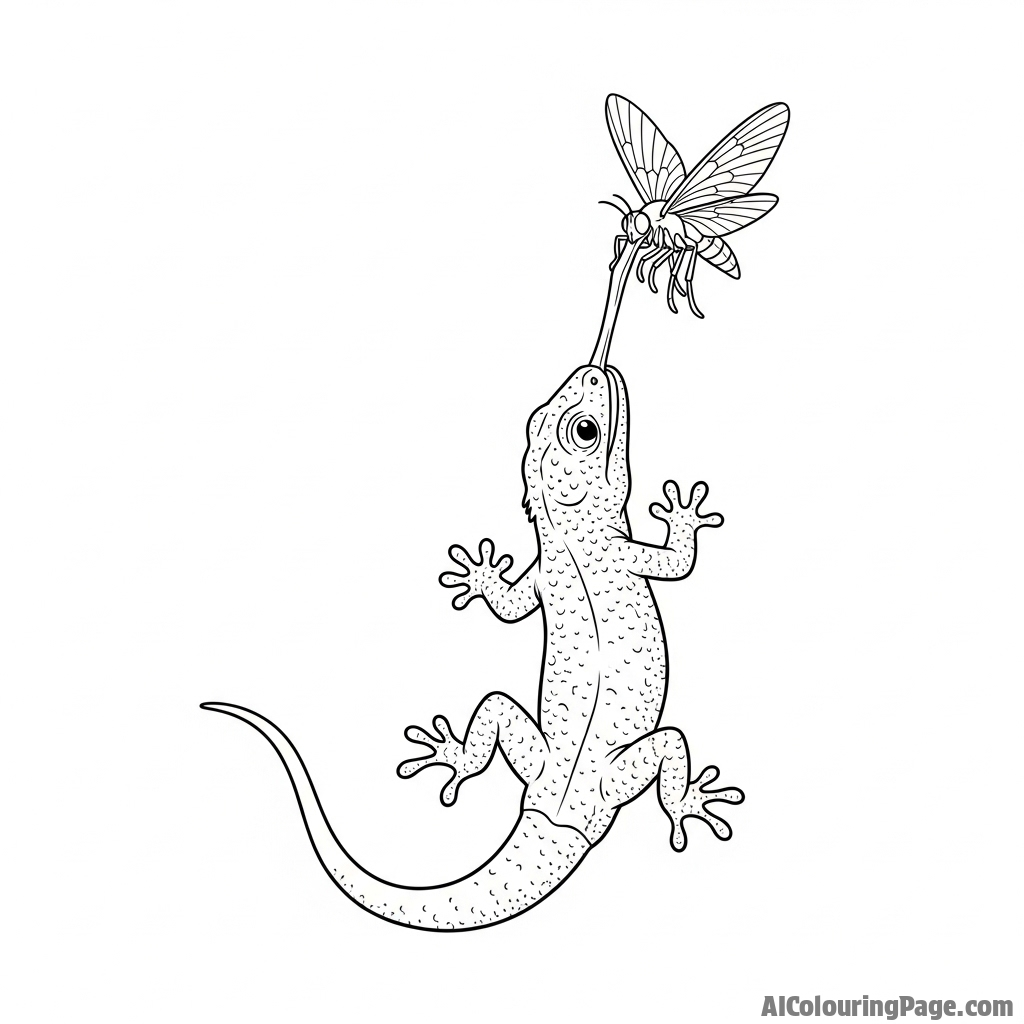 A lizard catching an insect mid-air with its lightning-fast tongue.