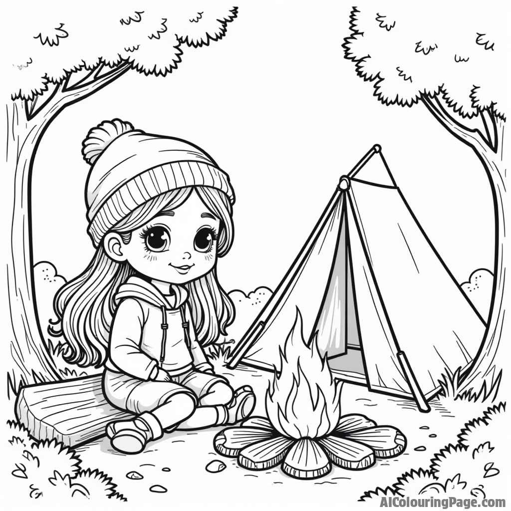 A doll camping in the woods, sitting by a campfire with a tent and trees around, creating an adventurous scene for children to color.