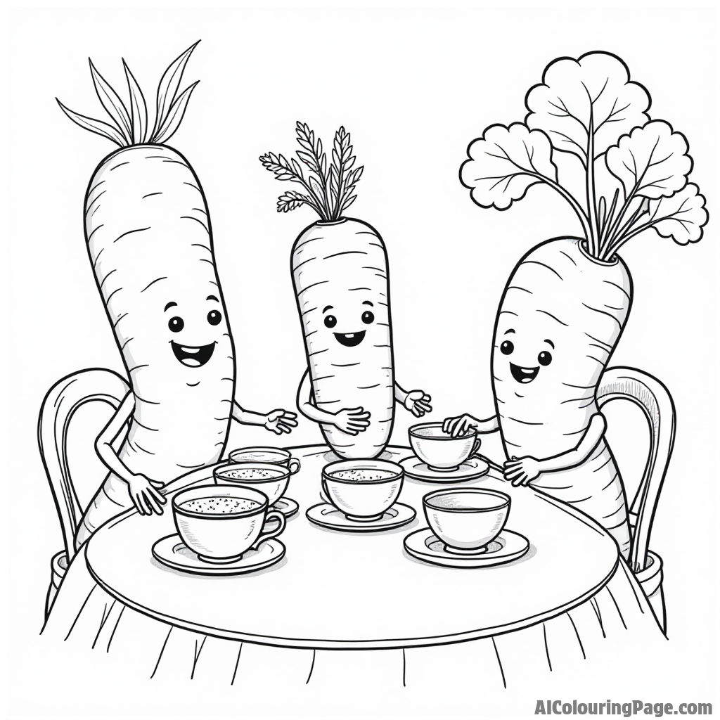 A delightful carrot tea party with cups, saucers, and snacks arranged on a table, surrounded by cheerful vegetable friends.