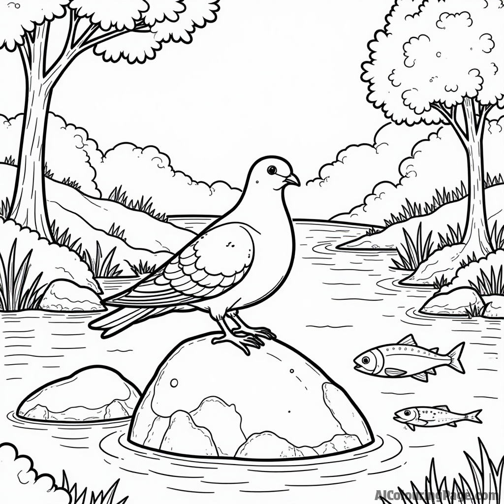 A dove standing on a rock in a bubbling brook, with fish swimming around and trees in the background for coloring fun.