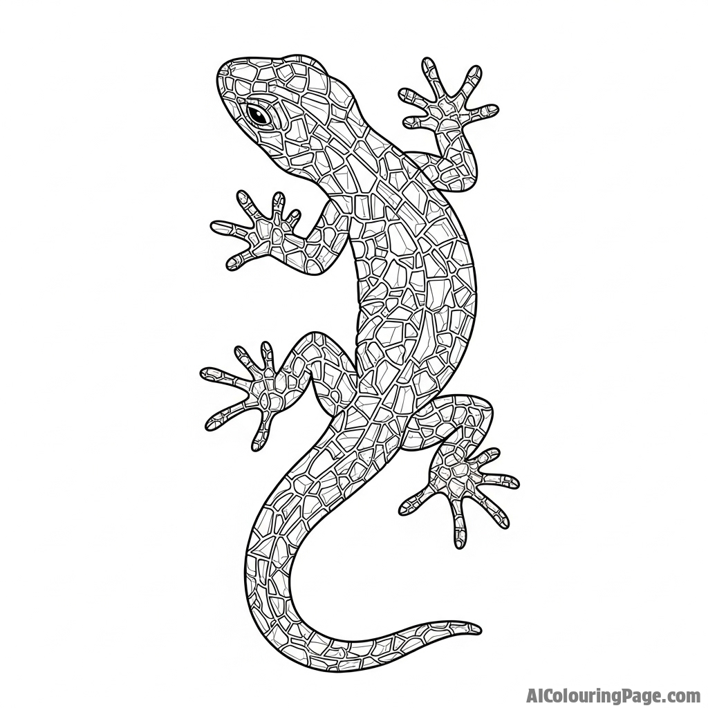 A lizard's form created from shattered glass fragments, mosaic style.