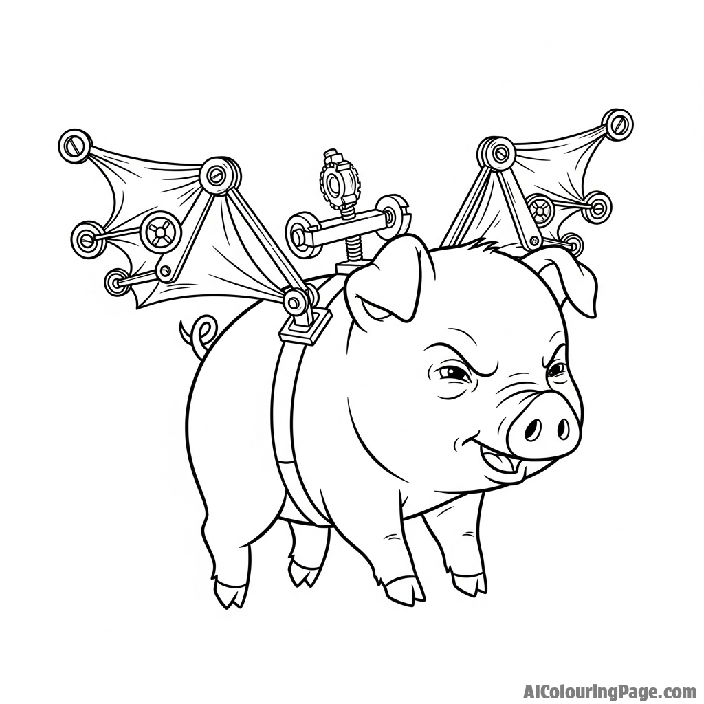 A piglet attempting to fly with small, contraption wings strapped to its back.