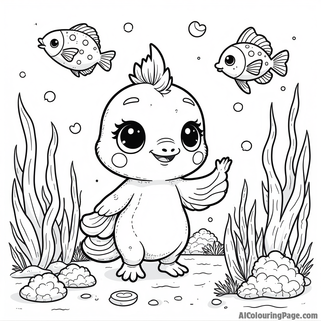 A Hatchimal exploring a magical underwater world with friendly fish and corals, encouraging children to use bright colors to enhance this imaginative scene in the Toys and Games Coloring Pages theme.