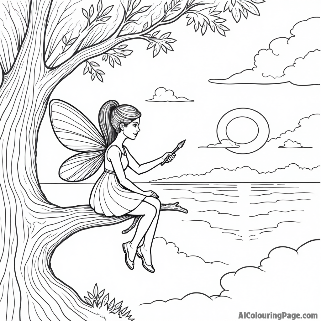 A fairy sitting on a tree branch, painting the sunset with her magical brush in a vibrant sky