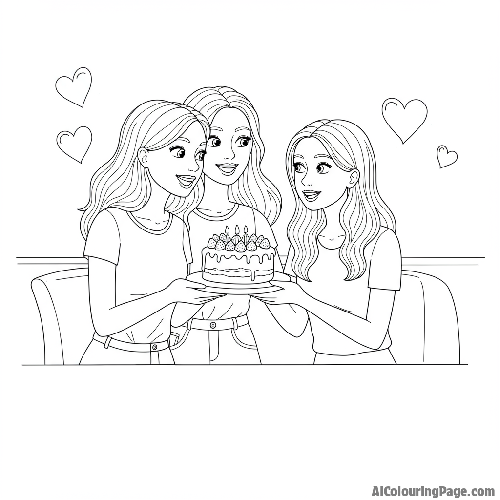 A girlfriend surprising her best friend with a homemade cake.