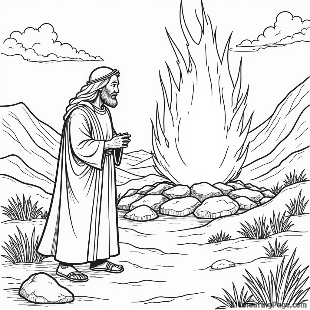 A scene of the Burning Bush, with Moses listening intently, surrounded by the desert landscape and bright light.