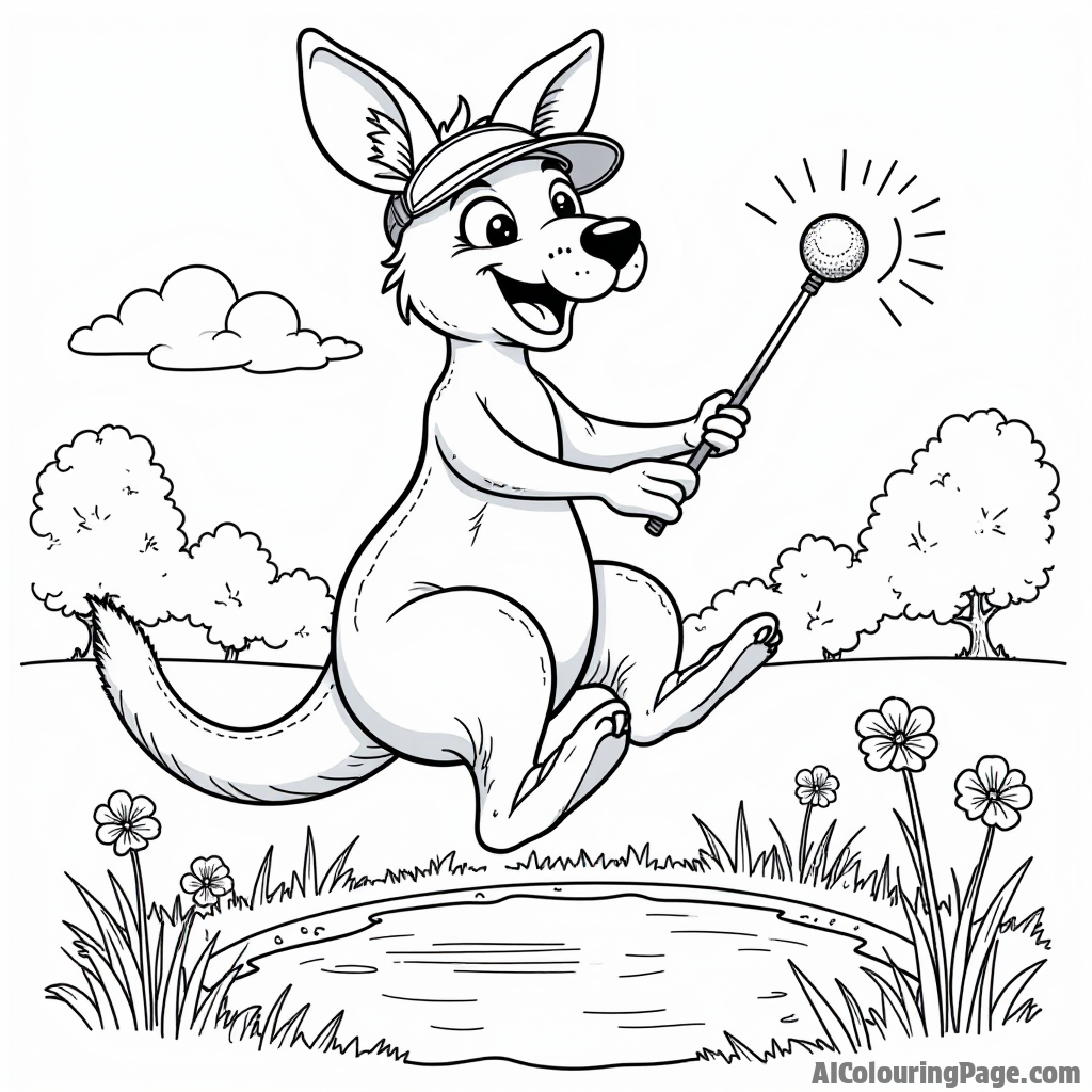 A playful kangaroo wearing a visor, jumping to catch a golf ball on a sunny day, with a small pond and flowers in the background for kids to color.