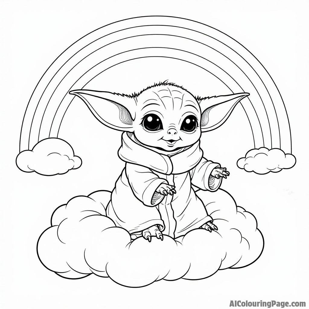 Baby Yoda riding a fluffy cloud with a rainbow arching across the sky