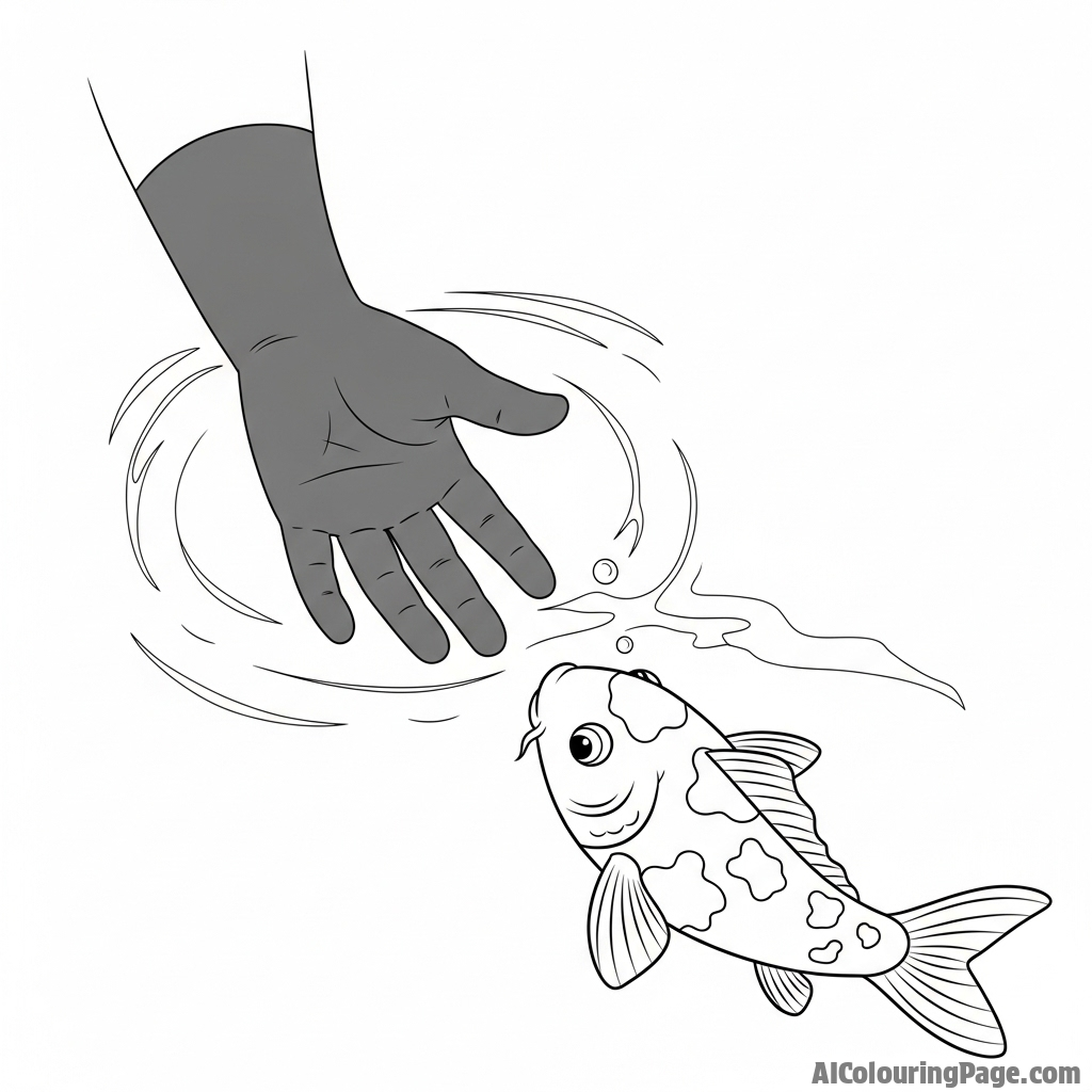 The shadow of a child’s hand on the water’s surface, reaching towards a curious koi.