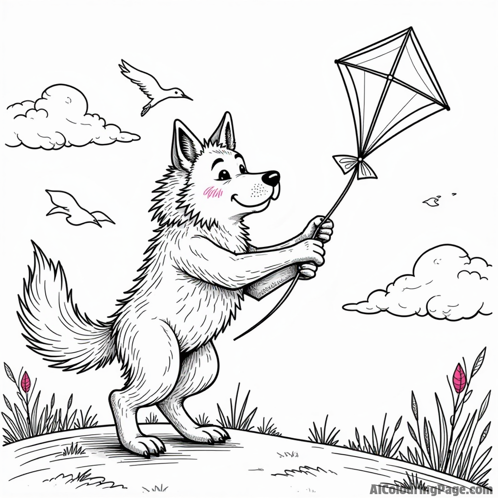 A werewolf flying a kite on a sunny day with colorful kites, birds, and fluffy clouds in the sky.