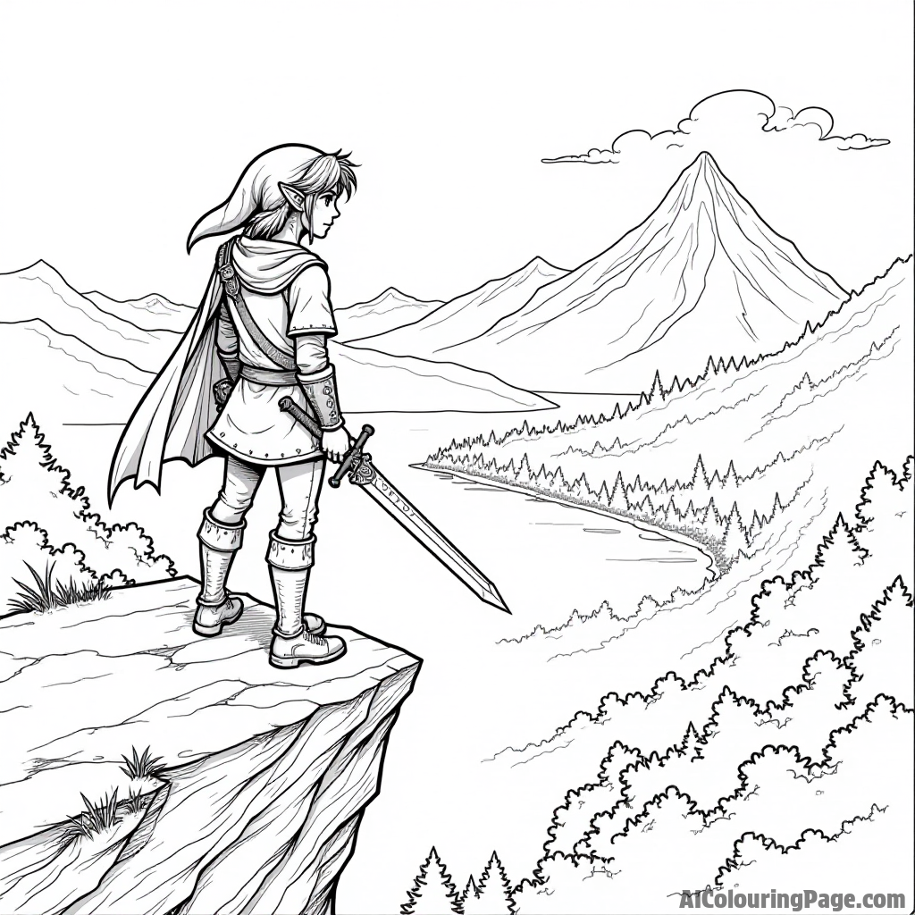 Link standing heroically on a cliff with a sword, overlooking a vast kingdom filled with trees and mountains in background