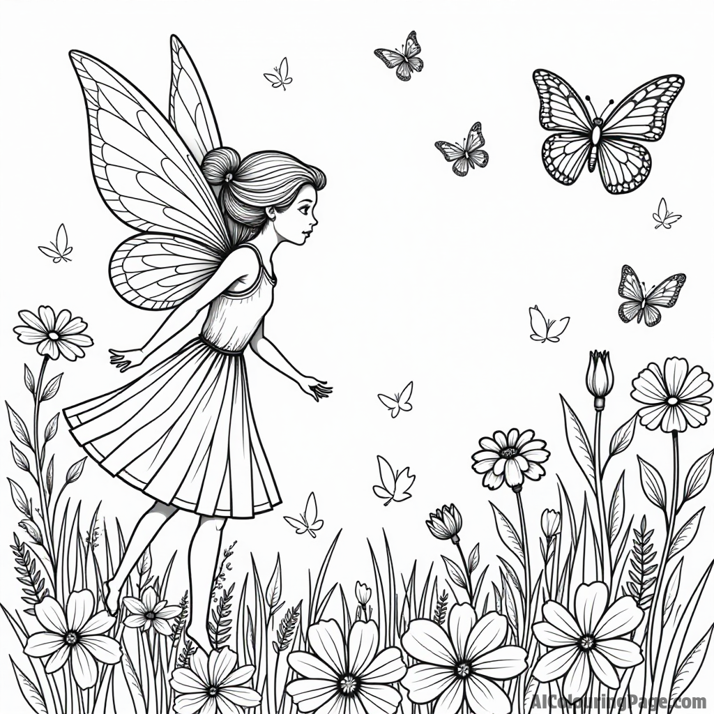 A fairy exploring an enchanted garden filled with singing flowers and magical butterflies fluttering around