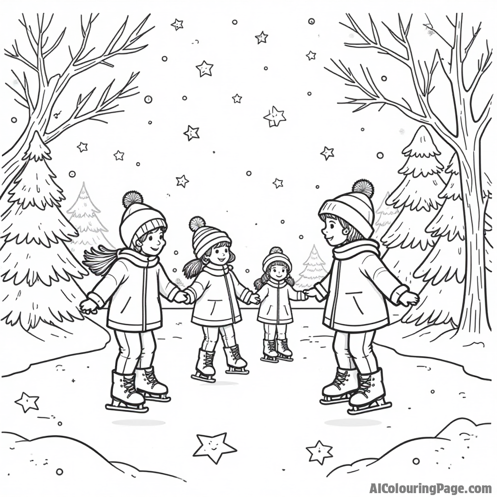 A magical winter night scene with children ice skating under the stars, surrounded by twinkling lights and holiday decorations, providing a festive atmosphere for kids to color and create.