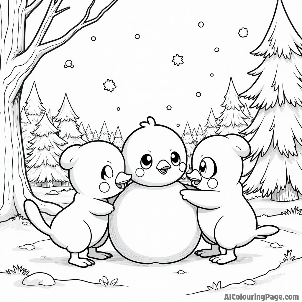 A family of Piplup building a snowman in a snowy landscape filled with trees and other Pokémon enjoying the winter.