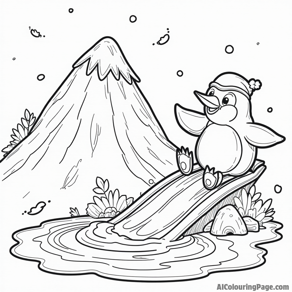 A cute chocolate penguin sliding down a chocolate mountain into a pool of melted chocolate.