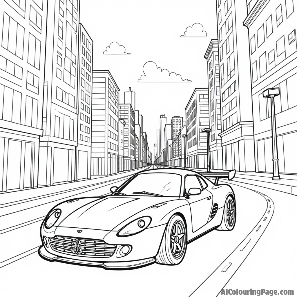 A race car driving through a cityscape with skyscrapers and traffic signs, creating an urban adventure scene for kids to color and explore their creativity.