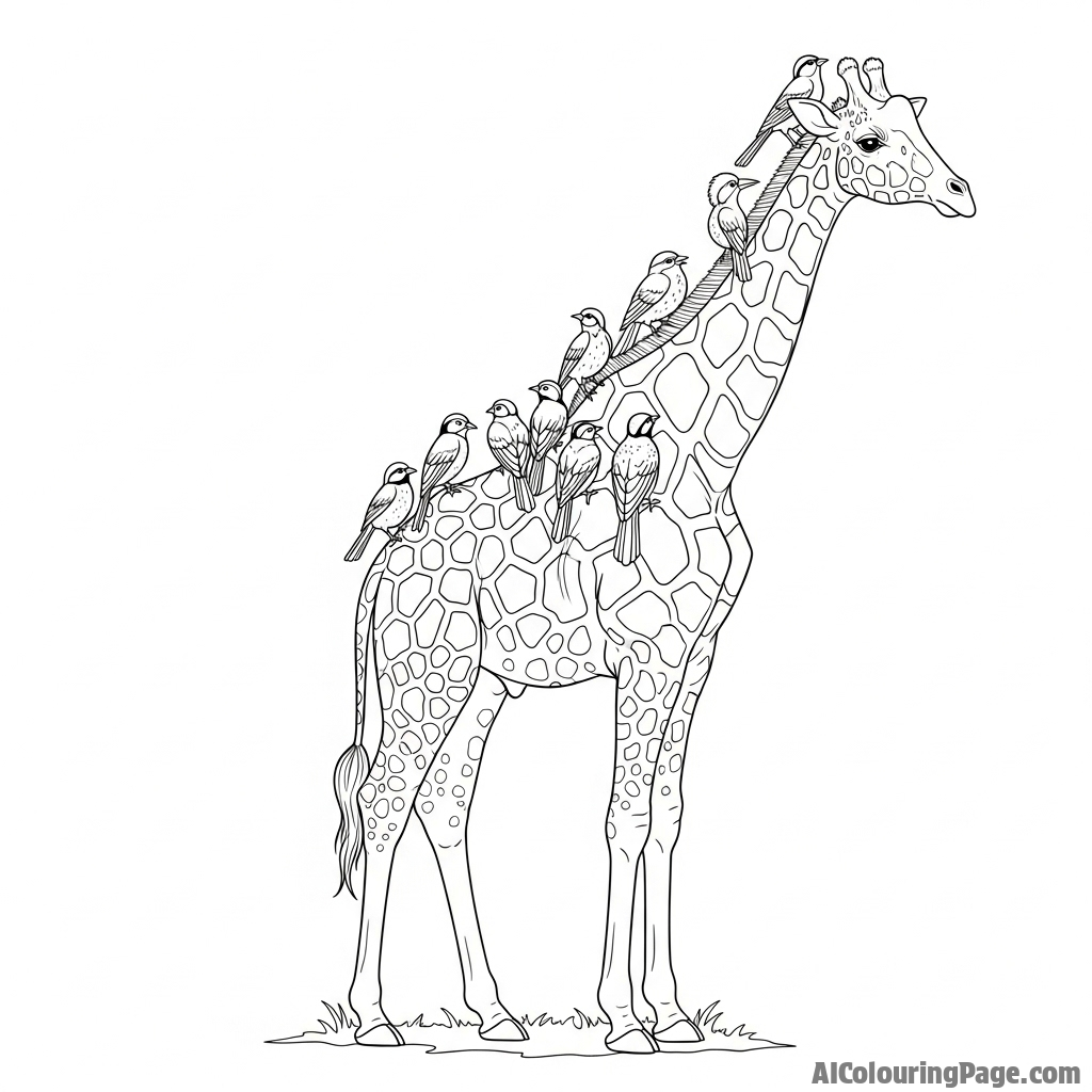 A giraffe with several small birds perched comfortably on its back.