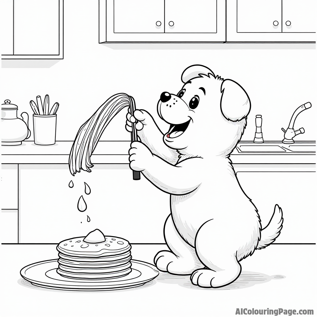 A playful puppy trying to catch a falling pancake from a high table in a kitchen setting