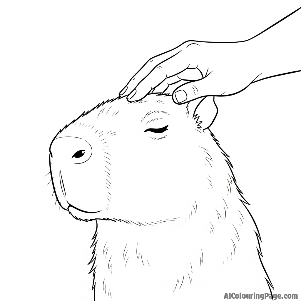 A capybara getting a gentle head scratch from a person's hand.
