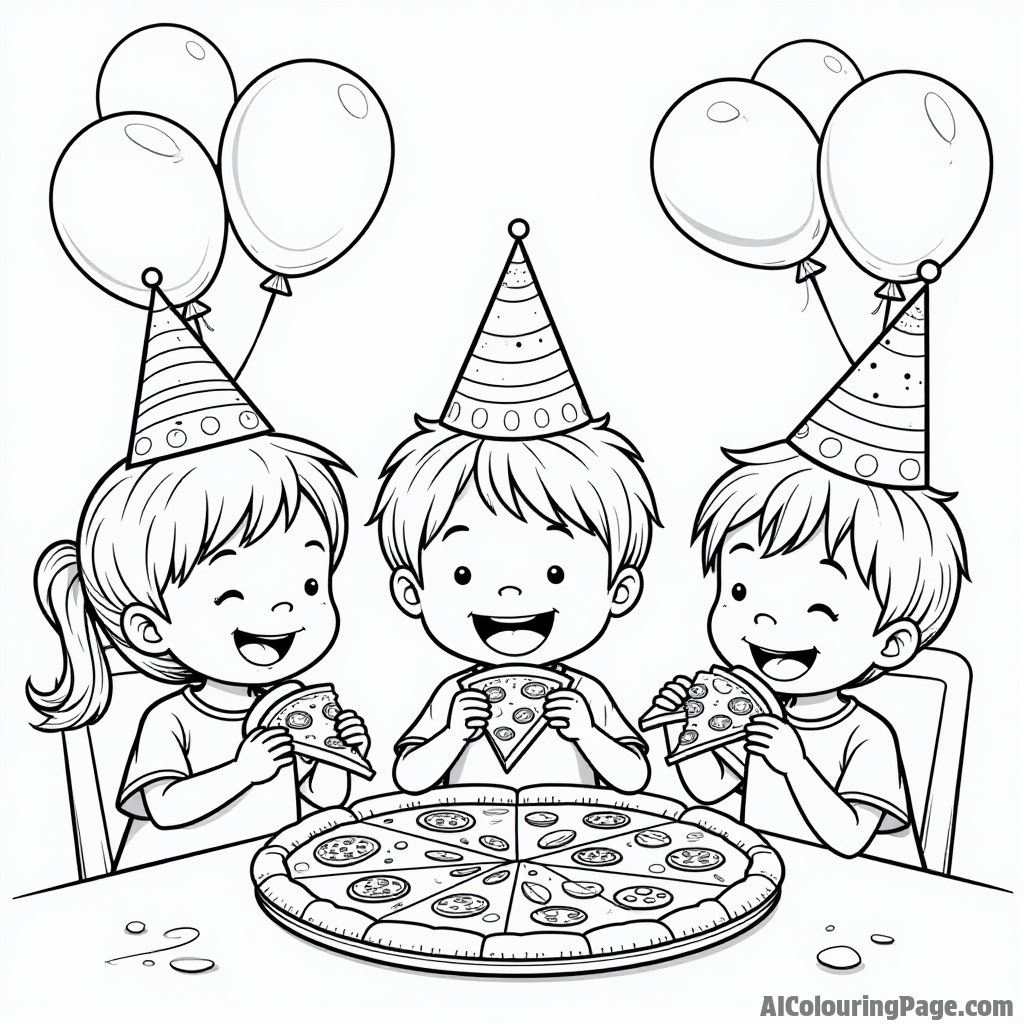 A pizza party scene with kids wearing party hats, enjoying slices of pizza, balloons and a birthday cake in the background.