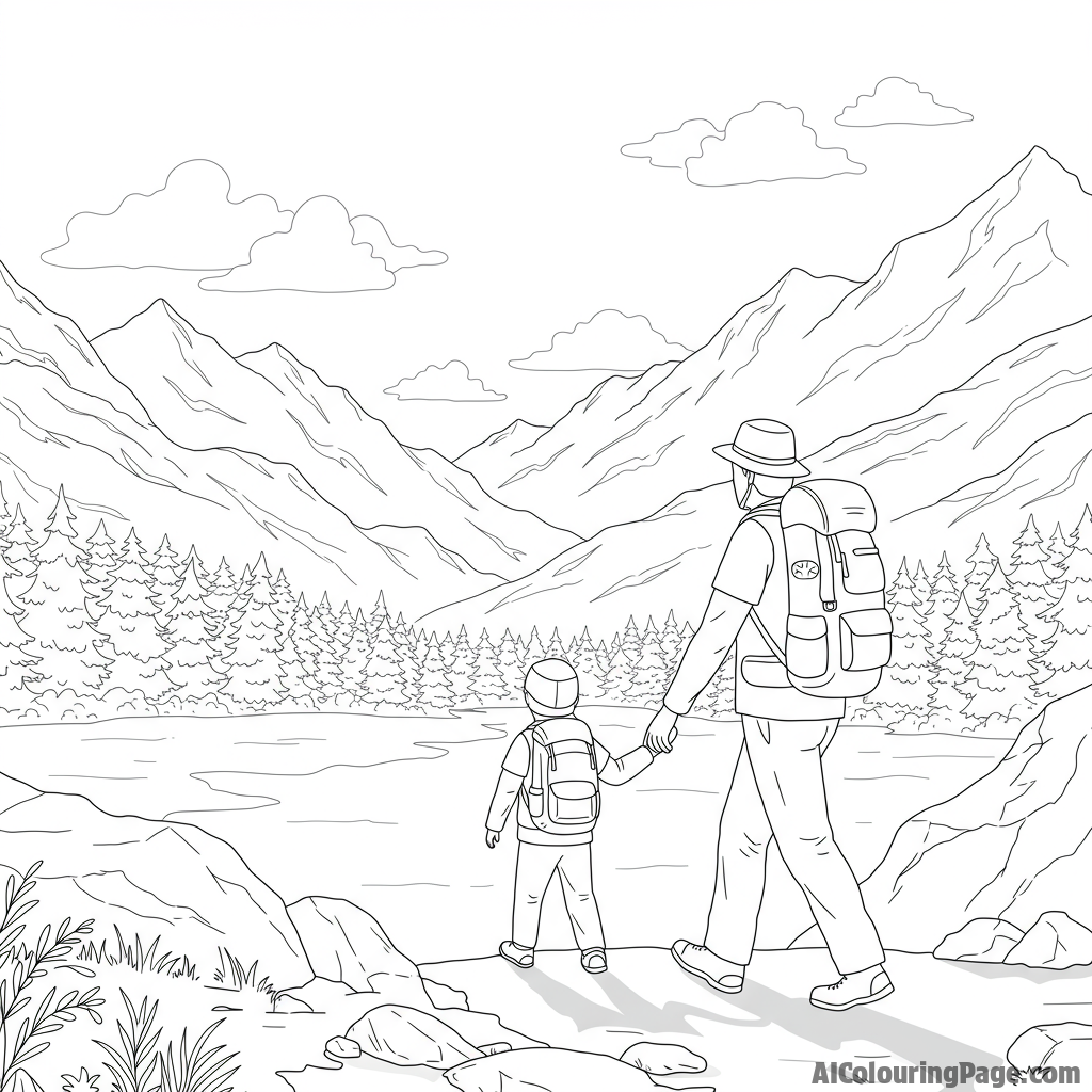 Father and child hiking in the mountains, scenic vista.
