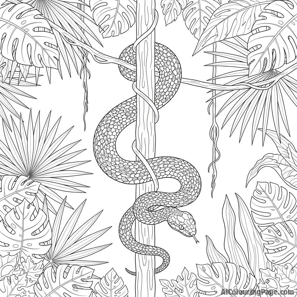 A tiny vine snake perfectly camouflaged on a hanging liana in a dense jungle.