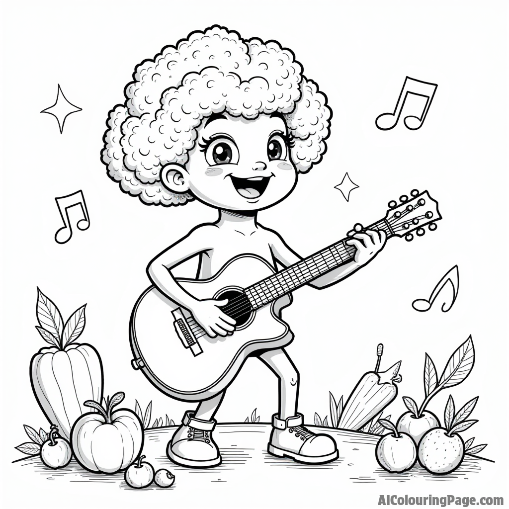 A happy broccoli character playing guitar on a stage made of vegetables with musical notes floating around.