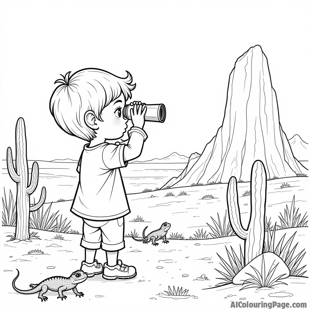 A curious child peering through binoculars at a distant rock formation, with playful lizards and cacti around, inviting young artists to explore their own imaginative desert adventure.