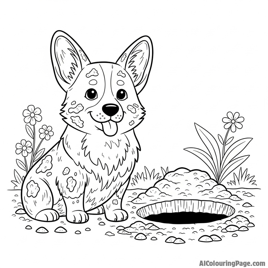 A corgi covered in dirt, sitting proudly next to a freshly dug hole in a garden.