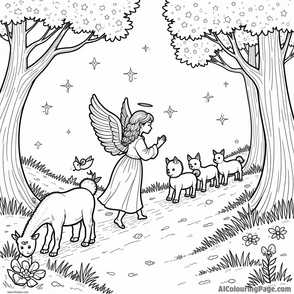 An angel leading a parade of animals through a magical forest filled with twinkling lights and flowers.