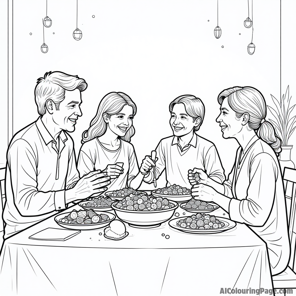 A family gathered around a table enjoying a delicious feast with traditional foods and decorations showcasing their culture