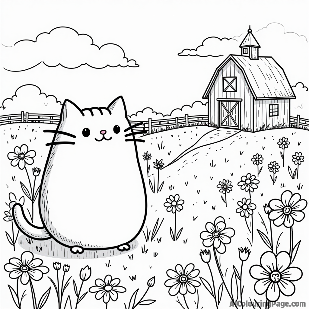 Pusheen exploring a farm with a cute cow, a barn, and fields of flowers blooming all around happily