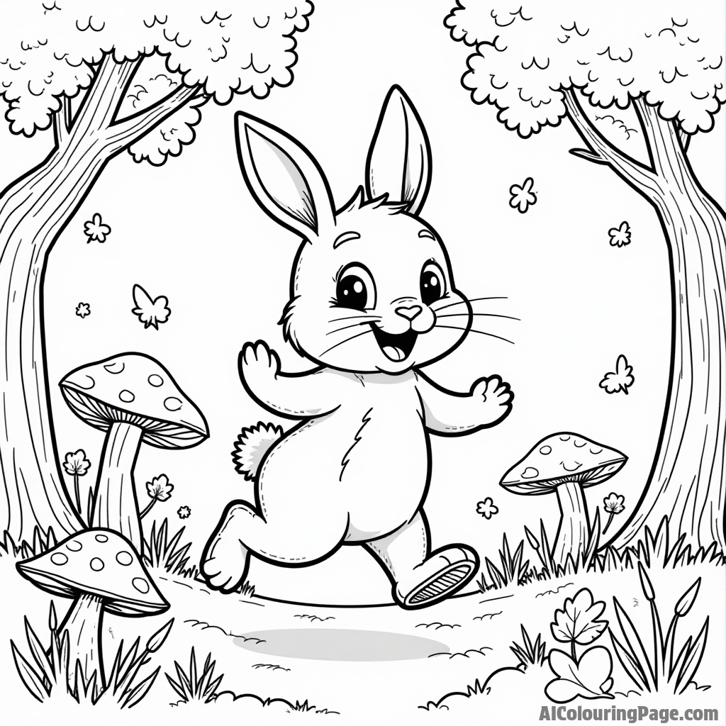 A cheerful rabbit hopping through a forest, with colorful mushrooms and swirling leaves all around in the autumn air.